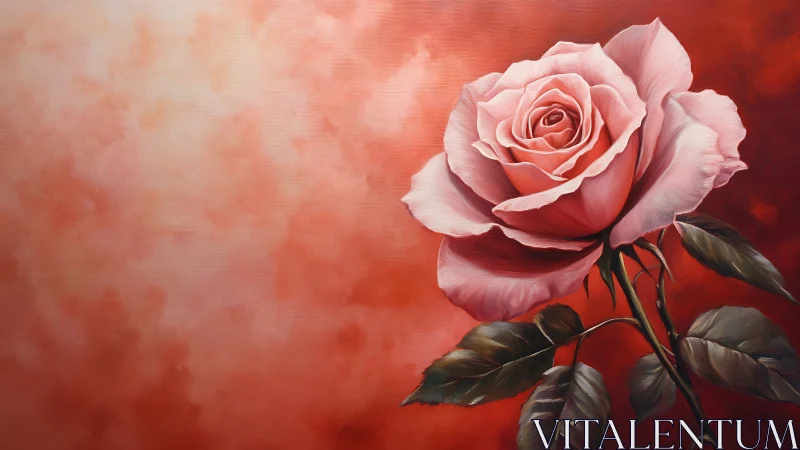 Soft pink rose blooms against a warm red painterly haze.