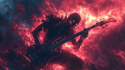 Infernal bass god shredding through a storm of living fire.