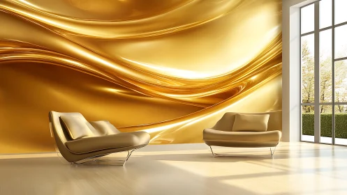 Modern lounge with gold abstract wall art and contemporary seating.