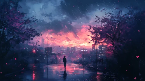 Solitary figure watching neon sunset over rain-soaked city.