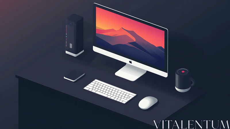 Minimalist isometric desktop workspace with iMac setup.