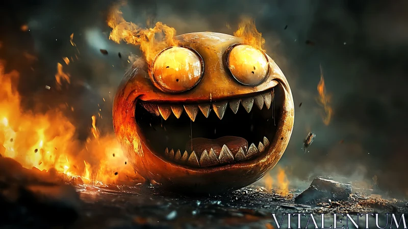 Infernal pumpkin grins wide while flames lick the wasteland