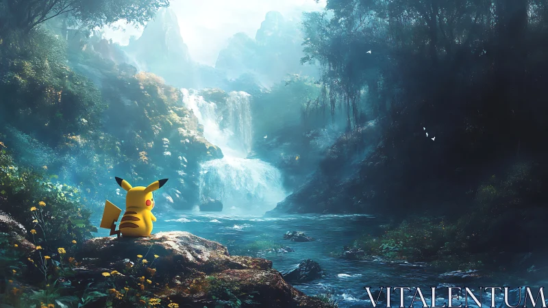 Pikachu rests by a misty waterfall in a peaceful forest.