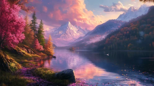 Dreamlike alpine lake at sunset with vivid autumn forest.