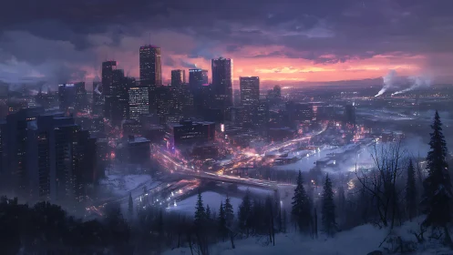 Winter dusk cityscape glowing with neon-lit arteries.