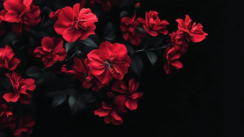 Red roses against dark background with foliage.