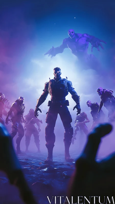 Armored human figure surrounded by hostile creatures at night.