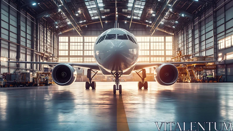 Sunlit jet patiently resting inside a quiet airport hangar.