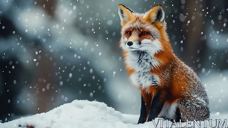 Red fox on snowy ground in falling winter snowfall.