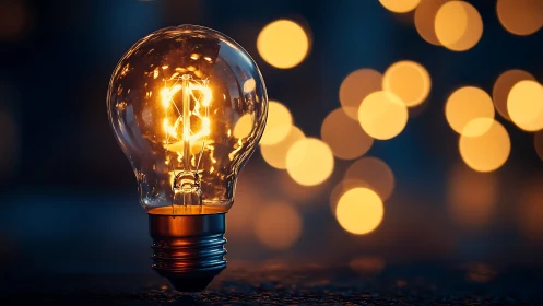 Glass light bulb glows sharply against defocused bokeh lights