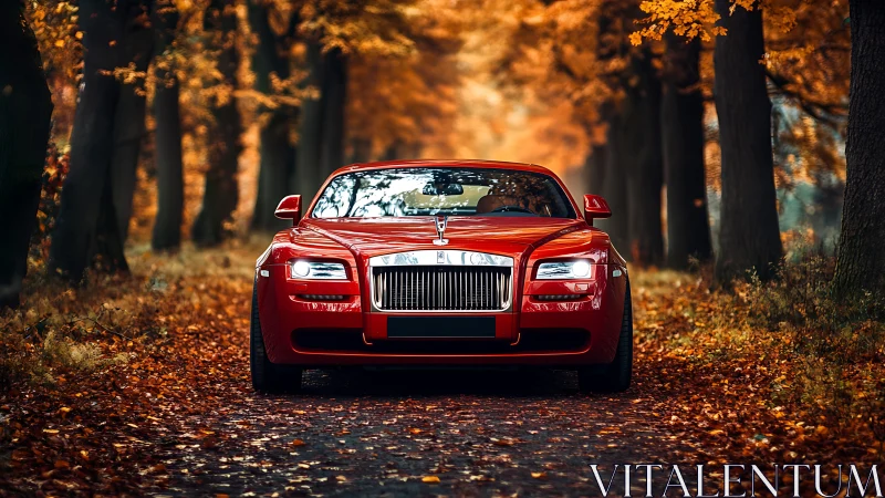 Red luxury sedan on tree-lined autumn forest road, frontal
