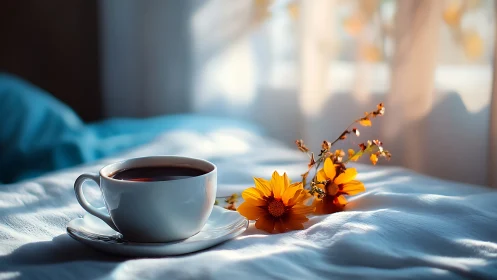 White coffee cup and yellow flowers on sunlit unmade bed.
