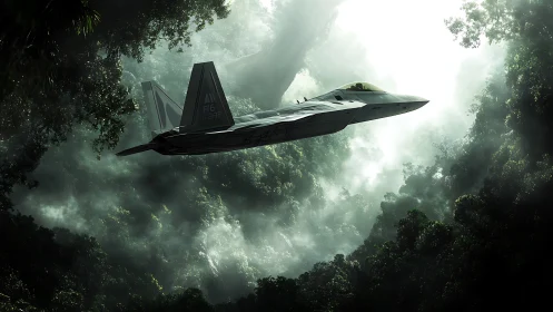 Stealth jet slicing through misty jungle canyon light.