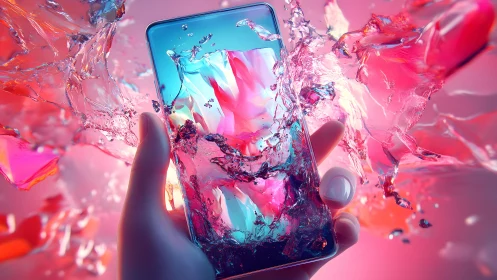 Vibrant smartphone splash in colorful surreal digital art style.