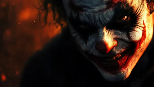 Sinister clown portrait emerges from fiery, shadowed darkness.