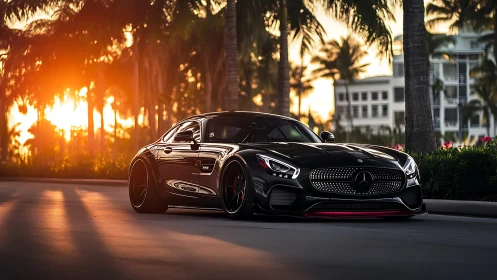 Sleek black sports car glides through sunset palm avenue