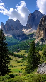 Emerald valley cradles spires of sunlit alpine stone