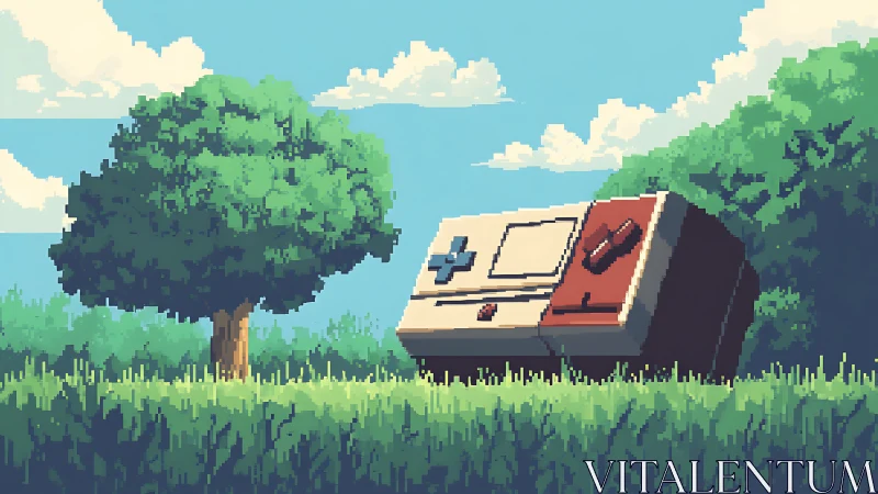 Large retro game controller in quiet pixel grassland scene.