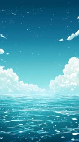Tranquil turquoise seascape under expansive cloud-framed sky