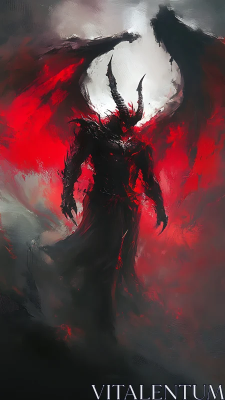 Infernal winged demon emerges in swirling red storm.