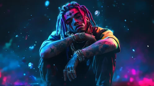 Digital portrait depicts seated figure in neon-lit environment