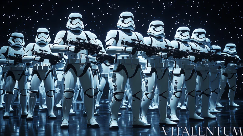 Armored sci fi infantry in synchronized formation under starfield lighting