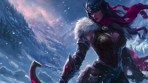 Armored female archer stands in a snowy mountain landscape