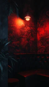 Crimson jungle wall glowing above moody leather booth.