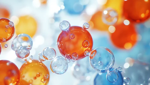Glowing bubbles drifting through soft blue and orange light.