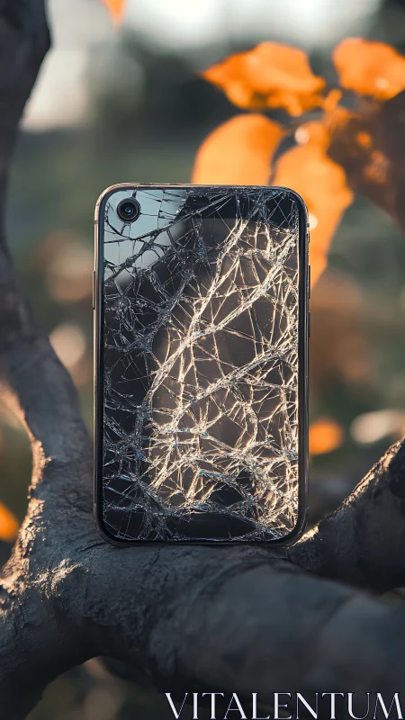 Smartphone with shattered screen on tree branch at dusk.