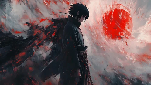 Solitary warrior under crimson eclipse in stormed sky.