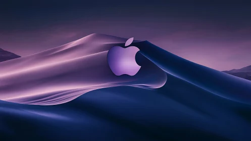 Iridescent logo embedded in violet-lit digital sandscape.