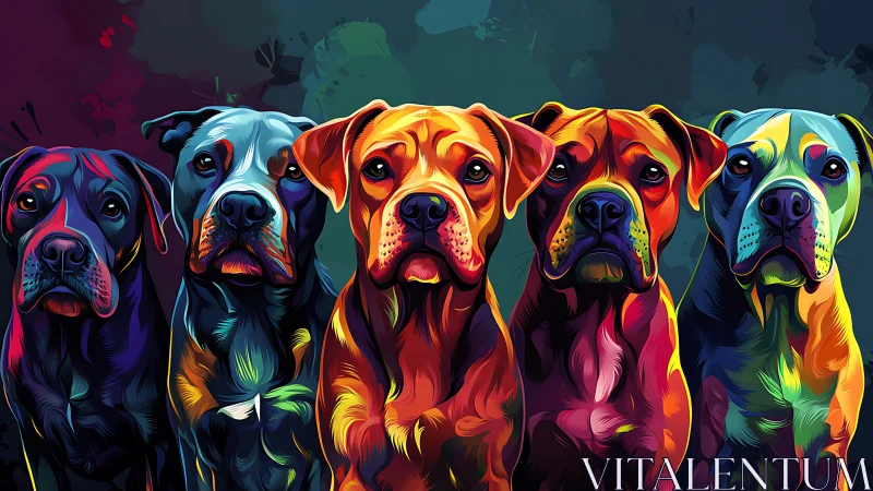 Vibrant multicolor canine lineup in stylized digital portrait.