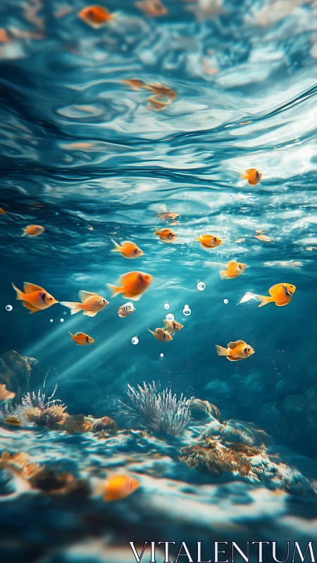 Small orange reef fish dispersed in clear shallow water.