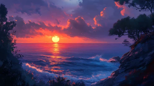 Radiant sunset seascape framed by silhouetted coastal cliffs.