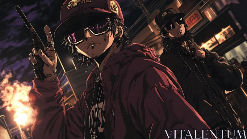 Streetwise duo in stylized night-lit urban standoff.