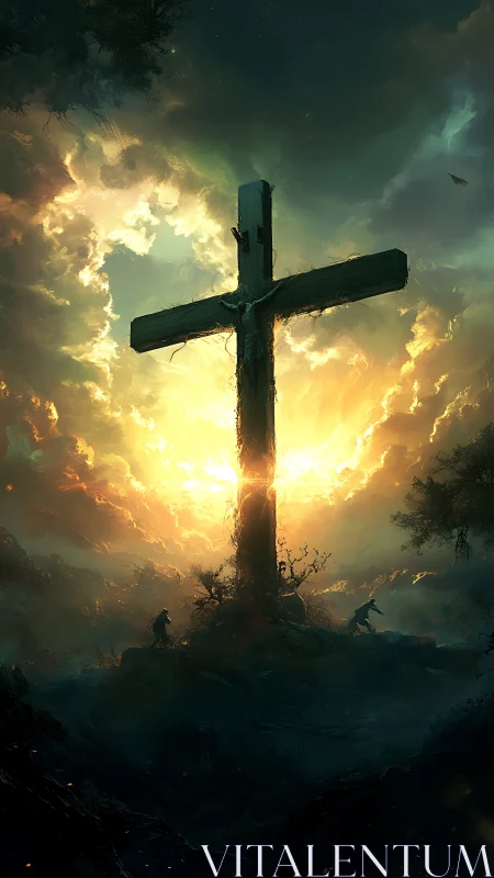Wooden cross silhouette against luminous clouded sky.