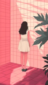 Girl in white dress within sunlit pink tiled corner.