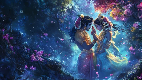 Mythic lovers in luminous forest, high-fantasy digital painting.