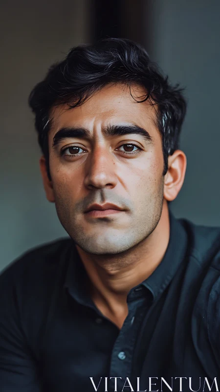 Close portrait of a dark haired man in muted interior setting.
