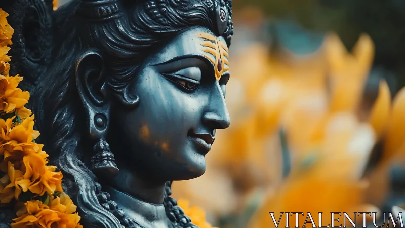 Serene stone deity statue with yellow marigold garlands.