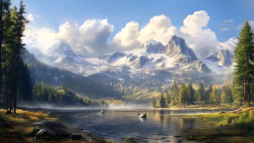 Snowcapped mountain range above calm reflective forest lake.