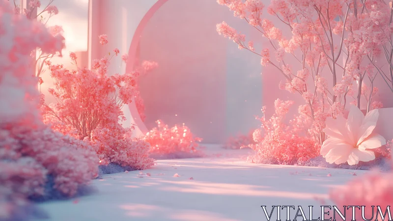 Pastel floral corridor rendered in soft cinematic light.