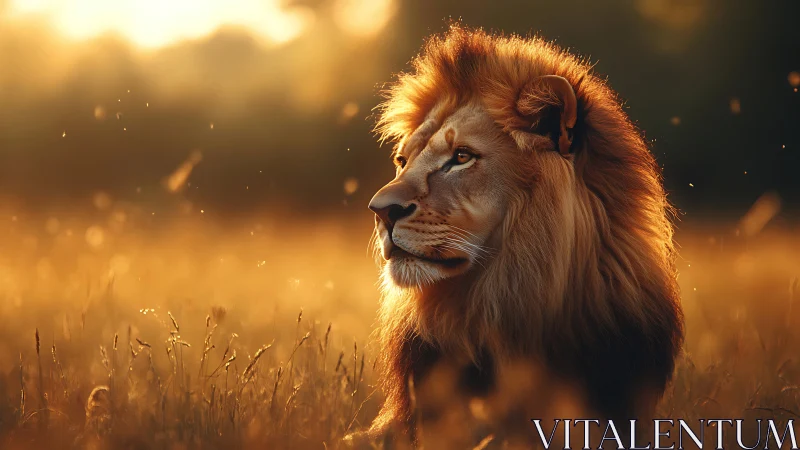 Golden hour lion resting peacefully in soft evening light.