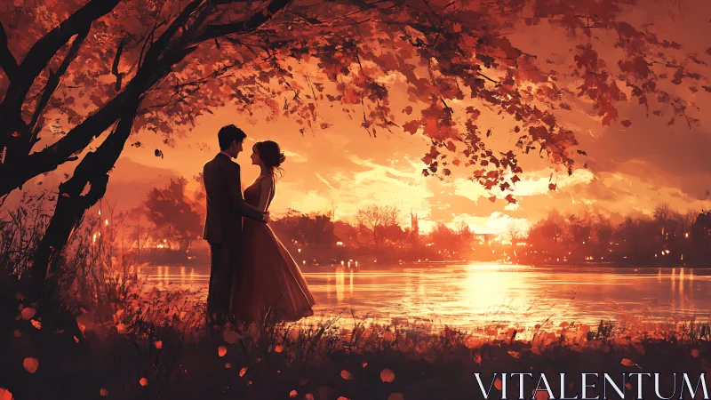 Autumnal Lakeside Couple: Silhouetted Figures Beneath Fiery Tree.