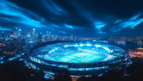 Glowing city stadium wrapped in deep electric blue night.