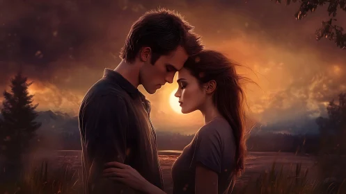 Two figures positioned face-to-face against golden sunset landscape.