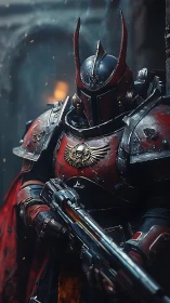 Battle worn sci fi knight stands ready in ornate crimson armor