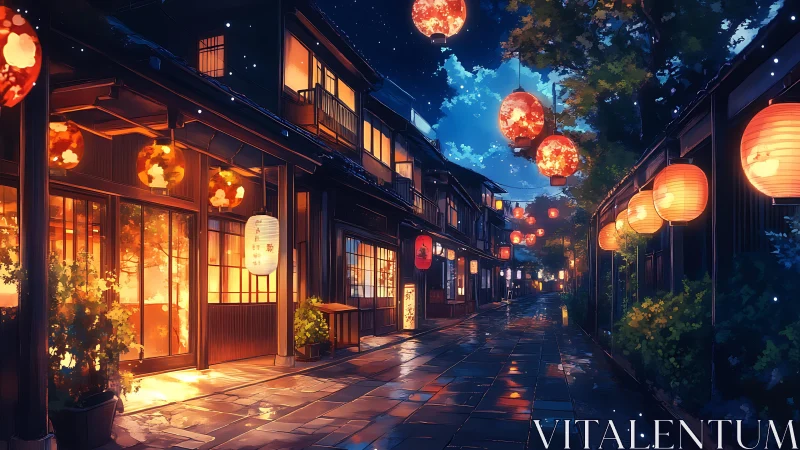Lantern lit alley glows softly beneath a clear midnight sky
