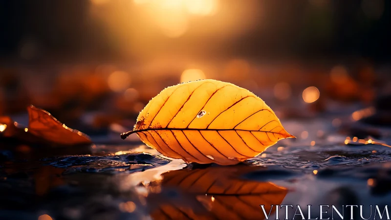 Single wet autumn leaf on reflective surface at sunset.